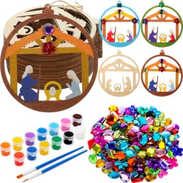 Imagem de DoubleFill 24 peças de kits de artesanato de enfeite de Natal para sala de aula de crianças, enfeites de presépio de madeira inacabados, artesanato de madeira cristã para colorir DIY para atividades