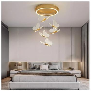 Imagem de SUMESIRO Lustre de borboleta, luminária pendente de escada inovadora, pingente de ilha de cozinha com sombra acrílica, luminária de jantar suspensa ajustável (lustre de 6 luzes)