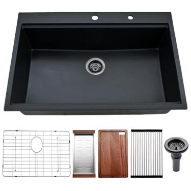 Imagem de Kitead Estação de trabalho de pias de cozinha compostas de granito preto de 83 x 56 cm - Tigela única de 83 cm Montagem superior para pia de cozinha preta Gota em 25 cm de profundidade com acessórios