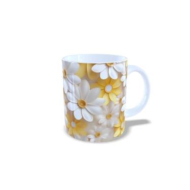 Imagem de Caneca de Cerâmica com Estampa Floral 3D, Branca, 325ml, Design Moderno com Flores Coloridas (14139)