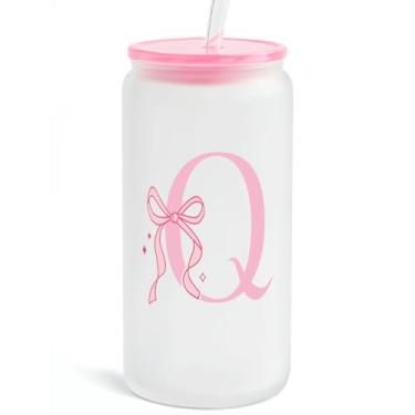 Imagem de SANDJEST Copo de vidro monograma com tampa acrílica e canudo, copo de café gelado fosco personalizado 473 ml, monograma presentes iniciais para mulheres meninas no aniversário (Q)