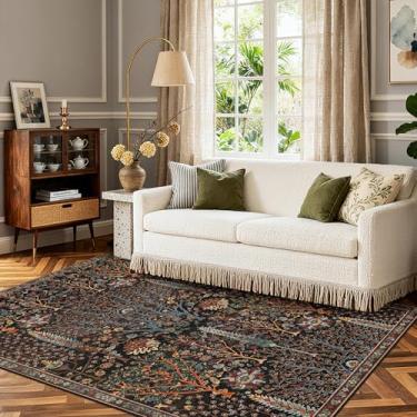 Imagem de Kokia Tapetes Boho vintage floral para árvores, tapetes botânicos orientais laváveis para sala de estar, quarto, sala de jantar, escritório, tapete macio para área interna, preto e vermelho selvagem