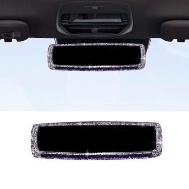 Imagem de Alieemo Espelho retrovisor de carro, strass brilhante HD vidro retrovisor com clipe grande angular, diamante brilhante deslumbrante, acessórios de decoração de interiores de carro universais para