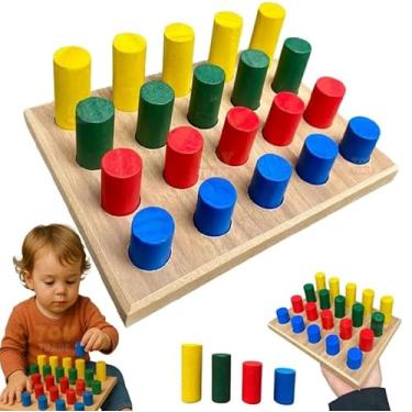 Imagem de Jogo de Encaixe 20 Pinos Grande Coloridos Madeira Reflorestamento Brinquedo Montessori Didáticos Educativo Infantil Toy Trade Tamanho da base: 13 x 13 x 7 cm