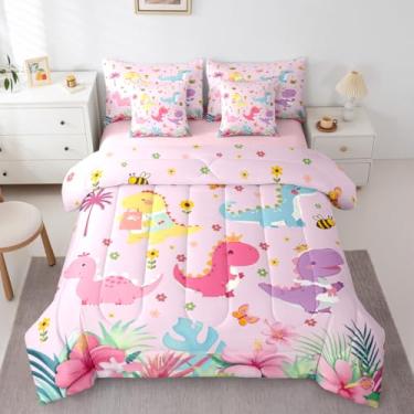 Imagem de Feelyou Jogo de edredom fofo de dinossauro, 7 peças, solteiro, princesa e dinossauro, para crianças, meninos, meninas, floral, decoração de quarto de animais selvagens, microfibra leve e macia