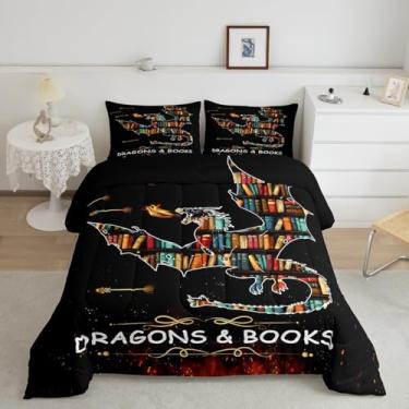 Imagem de Feelyou Conjunto de cama casal com dragão e livros, estampa de dragão, engraçado, biblioteca, estante de livros, edredom de microfibra