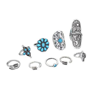 Imagem de Fuqimanman2020 Conjunto de anéis geométricos geométricos ovais boêmios ocidentais turquesa oval com pedras preciosas esculpidas para mulheres e meninas, férias, praia, verão, boho, joias, Pedra Cristal pedra preciosa, Turquesa