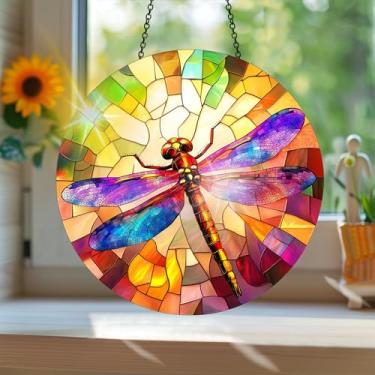 Imagem de Acrílico colorido Suncatcher, apanhador de sol estilo vitral impresso libélula com reflexos de arco-íris, decoração de janela suspensa, decoração de parede, ornamentos de Natal para uso interno e