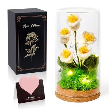 Imagem de AWARDSEN Presentes de flores brancas de crochê artificial lírio do vale flores de crochê em vidro demonstração com luz, flor eterna tricotada para aniversário, Natal, dia dos namorados