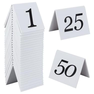 Imagem de OLYCRAFT Pacote com 50 cartões de números de mesa de acrílico estilo barraca com números de dois lados, 1 a 50 placas numéricas brancas 6 x 5 x 4 cm para recepções de festas, banquetes, restaurantes e