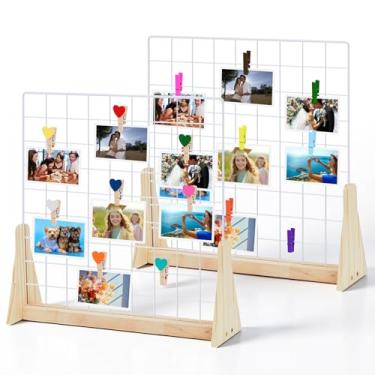 Imagem de Colingmill 2 conjuntos de painéis de parede para exibição de fotos 19,3 x 18,5 cm, painel de exibição de fotos, grade de parede de arame, gerenciador de fotos de mesa, com 20 clipes de madeira