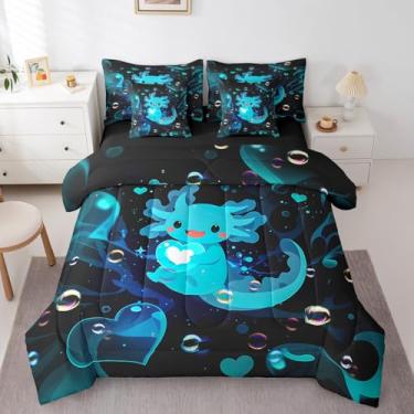 Imagem de Jogo de cama casal e edredom com estampa de animal de estimação Axolotl, réptil, tritão, 7 peças, desenho animado, azul, peixe, salamandra, salamandra, réptil, kawaii, decoração de animais marinhos