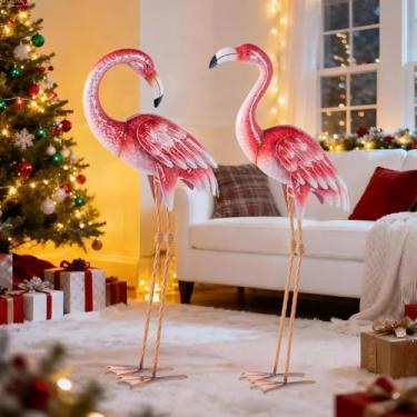 Imagem de Natelf Decorações de jardim de flamingo rosa, estátuas e esculturas de jardim de metal, ornamentos de gramado de pássaros em pé para decorações de pátio e quintal, conjunto de 2