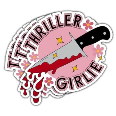 Imagem de 3 peças de adesivos de menina de suspense engraçados unhinged The Knife Meme Humor, adesivo de clube de livros de suspense, presentes para leitores para livro, caderno, garrafa de água, copo, capa