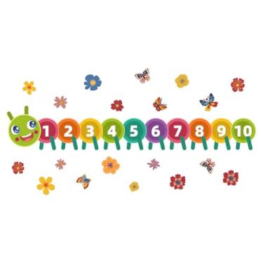 Imagem de Decalque de parede Counting Caterpillar - Adesivo de parede educacional número 1-10 para quarto de crianças, decoração vibrante de berçário com flores e borboletas, arte de vinil removível para sala