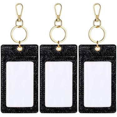 Imagem de Weewooday 3 porta-crachás de identificação com glitter para mulheres, 7,6 cm, preto, clipe para crachá de identificação, chaveiro de lantejoulas, porta-cartões fotográficos, com chaveiro para mulheres
