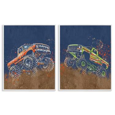 Imagem de Stupell Industries Conjunto de arte giclée emoldurado branco Monster Truck Jam 2 peças, design de Kim Allen, 76 x 61 cm