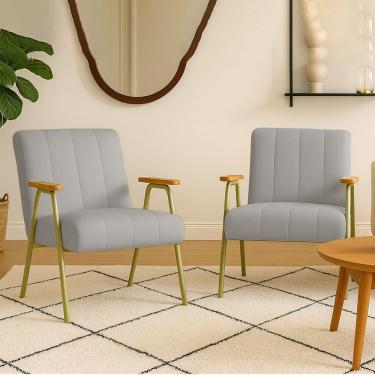 Imagem de Poltrona Sala Decorativa Industrial Dourado Kit 2 Laurita Linho K01 - D'rossi Cor Cinza