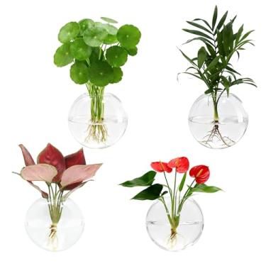 Imagem de JBESUHI Estação de propagação para pendurar na parede – Pacote com 4 vasos de flores de vidro oblato para plantas hidropônicas, vasos decorativos para banheiro, casa, escritório e sala de estar, bom