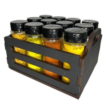 Imagem de Porta Tempero Mdf Com 12 Potes De Plástico Caixote Caixa