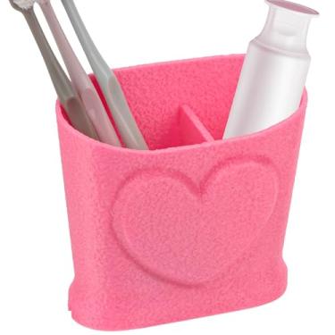 Imagem de SHIDOW Suporte de escova de dentes com 2 compartimentos, organizador de banheiro de plástico rosa para penteadeira, pia ou bancada, destaque de coração, 1 pacote