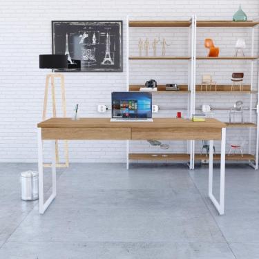 Imagem de Mesa Diretor 150x60x75cm Com 2 Gavetas Kuadra Lâmina Mel Estrutura Branca