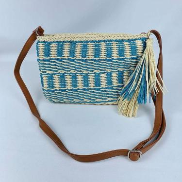 Imagem de Bolsa De Palha Artesanal Feminina Tiracolo Com Alça Transversal Moda Praia Verão Com Pom Pom azul