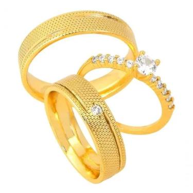 Imagem de Par De Alianças Banhada Ouro 18k 5mm Recartilhada Dois Friso