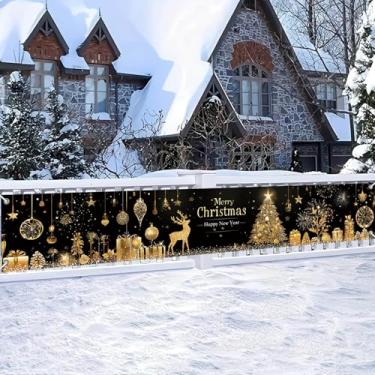 Imagem de HOMETITUTE 299 x 50 cm Faixa de Feliz Natal Ouro Preto Rena Ornamento de Árvore de Rena Presente Design de Fogos de Artifício Banner de Suspensão de Natal Grande Cerca Externa Varanda Decoração de