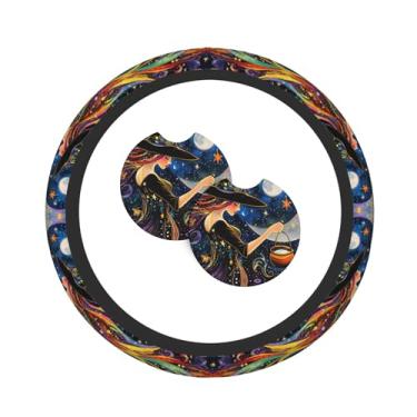 Imagem de Conjunto de 3 peças de decoração de capa de volante retrô Witch com 2 porta-copos, conjunto de interior de carro antiderrapante universal e confortável – serve para volantes de 14,5 a 15 polegadas