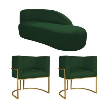 Imagem de Kit Divã Luna 140cm Lado Direito E 02 Poltronas Base De Ferro Dourado Suede Verde