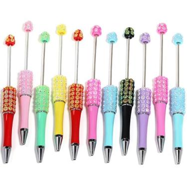 Imagem de JINPINMAO Conjunto de canetas esferográficas de strass de cristal, materiais de escrita decorativos em várias cores, barril de metal com partes superiores brilhantes, pacote com 12