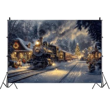 Imagem de AOFOTO 3 x 2,1 m, cenário de trem de Natal, inverno, estação noturna, cidade, vila, locomotiva a vapor, fundo ferroviário, neve, flocos de neve, Natal, feriado de 2026, festa de ano novo, sessão de