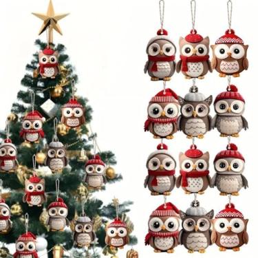 Imagem de Decorações de árvore de Natal, enfeite de pendurar com coruja, 12 peças, desenhos de inverno, ornamentos de madeira, lindo chapéu de Papai Noel, vermelho, cachecol, corujas, enfeites de árvore de