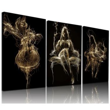 Imagem de 3 peças arte de parede em tela abstrata linha dourada pôster moderno balé e música arte emoldurada galeria decoração impressões de parede para sala de estar quarto escritório 40,6 x 61 cm