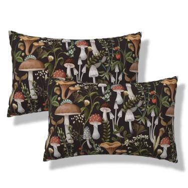 Imagem de VIREOTHIA Conjunto de 2 capas de almofada de cogumelo boho para lombar, 30 x 50, conjunto de 2 capas de almofada decorativas de cogumelos pretos retangulares vintage para decoração de sofá-cama
