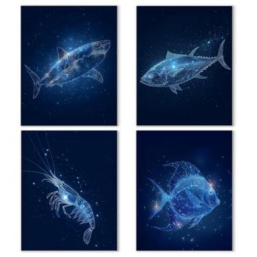 Imagem de Noaleviax Conjunto de pôster de parede de biologia oceânica - decoração de parede temática de biologia marinha de praia, tubarão costeiro, imagens de camarão, arte de parede para sala de aula