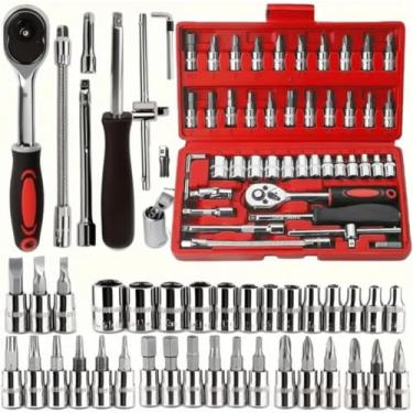 Imagem de Jogo de Soquetes Profissional 46 Peças com Chave Catraca, Soquetes Métricos Sextavados, Allen e Torx – Kit Ferramentas Completo para Reparos Automotivos, Mecânicos e Domésticos Premium