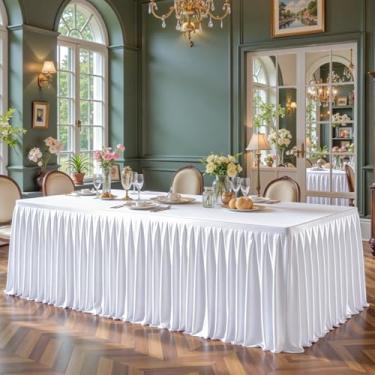 Imagem de Toalhas de mesa retangulares de cetim branco, 1,8 m, capas de mesa elásticas com glitter, sem rugas, comprimento até o chão, saia de mesa brilhante para casamentos, festas de chá de bebê, banquetes