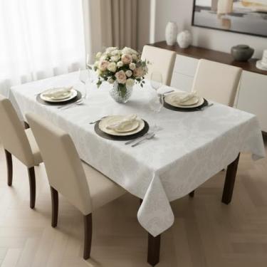 Imagem de Jogo de Toalha de Mesa Jacquard 4 a 14 Lugares - Forro de Mesa Elegante 100% Poliéster para Festas e Jantares (Branca,10 cadeiras 3x1,35)