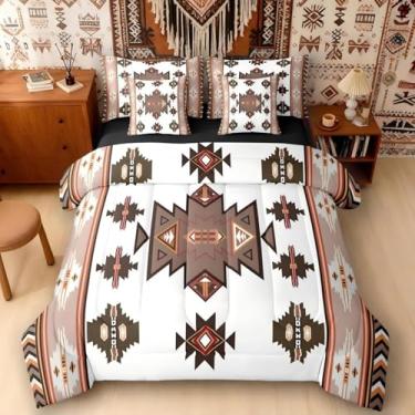 Imagem de Erosebridal Conjunto de edredom tamanho King ocidental com lençóis | Conjunto de cama geométrico de 7 peças, casa de fazenda, cama asteca, listras, triângulo, diamante, decoração de quarto, branco