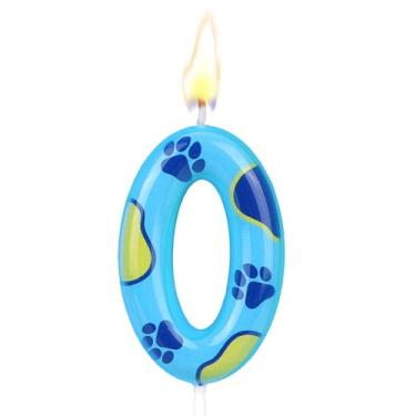 Imagem de Vela Aniversário com Tema Pata de Cão Azul, Fofa Estampado Pata Cão Vela com Número para Bolo Aniversário Decoração Topo Bolo para Menino e Menina (Número 0)