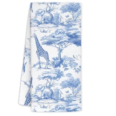 Imagem de YTRGI Blue Chinoiserie Toalhas de mão para decoração de banheiro com estampa animal, presentes de girafa elefante para mulheres e homens, vintage azul toile floresta elefante girafa prato prato