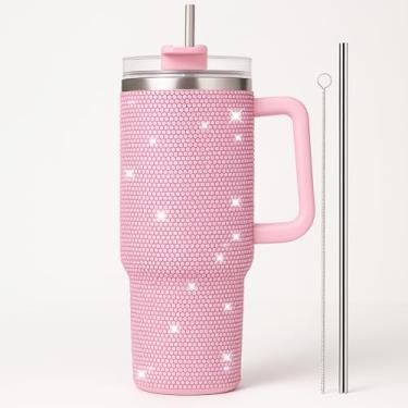 Imagem de THIRSTEE Copo de glitter com canudo e alça – Caneca de viagem de aço inoxidável rosa brilhante de 1,134 g, à prova de vazamento, copo isolado para café, água, bebidas frias e quentes (rosa bebê)