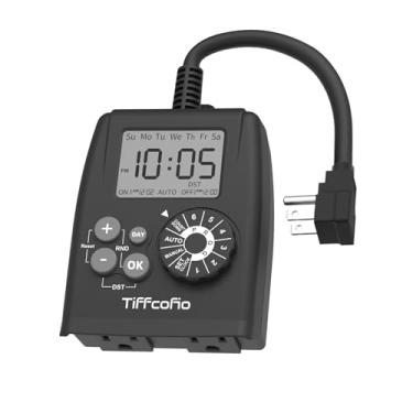 Imagem de TiFFCOFiO Nova tomada de temporizador digital para ambientes externos, método programável, temporizador de luz externa à prova d'água, 2 tomadas elétricas aterradas para luzes de Natal, 6 conjuntos de