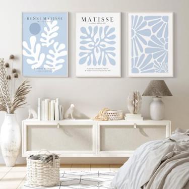 Imagem de Henri Matisse Impressões de arte de parede conjunto de 3 telas abstratas azuis Matisse decoração de parede estética preppy arte de parede azul Matisse pôsteres arte flor imagens minimalistas para