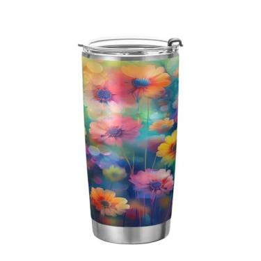 Imagem de xigua Copo de flores silvestres de jardim aquarela com tampa de palha, caneca de viagem a vácuo de parede dupla, caneca de café bem isolada, copo de aço inoxidável para bebidas quentes e frias, 600 ml