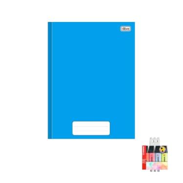 Imagem de Kit Caderno Brochura Capa Dura Azul 80 Folhas Tilibra + Caneta Trigel Branca 12 Unidades + Marca Texto Boss 4 Cores Pastel