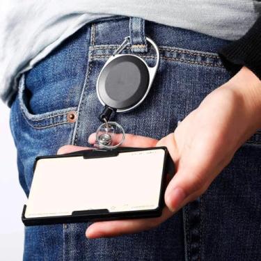 Imagem de Pacote com 2 porta-cartões retráteis, porta-cartões de identificação frente e verso, cordão retrátil, alça para chaveiro com mosquetão.