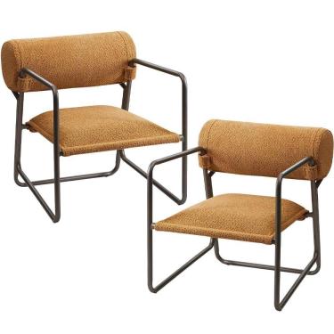 Imagem de Kit 02 Poltronas Decorativa Sala Living Base Aço Titânio Volvere C06 Prime Bouclê Mostarda - Lyam Decor